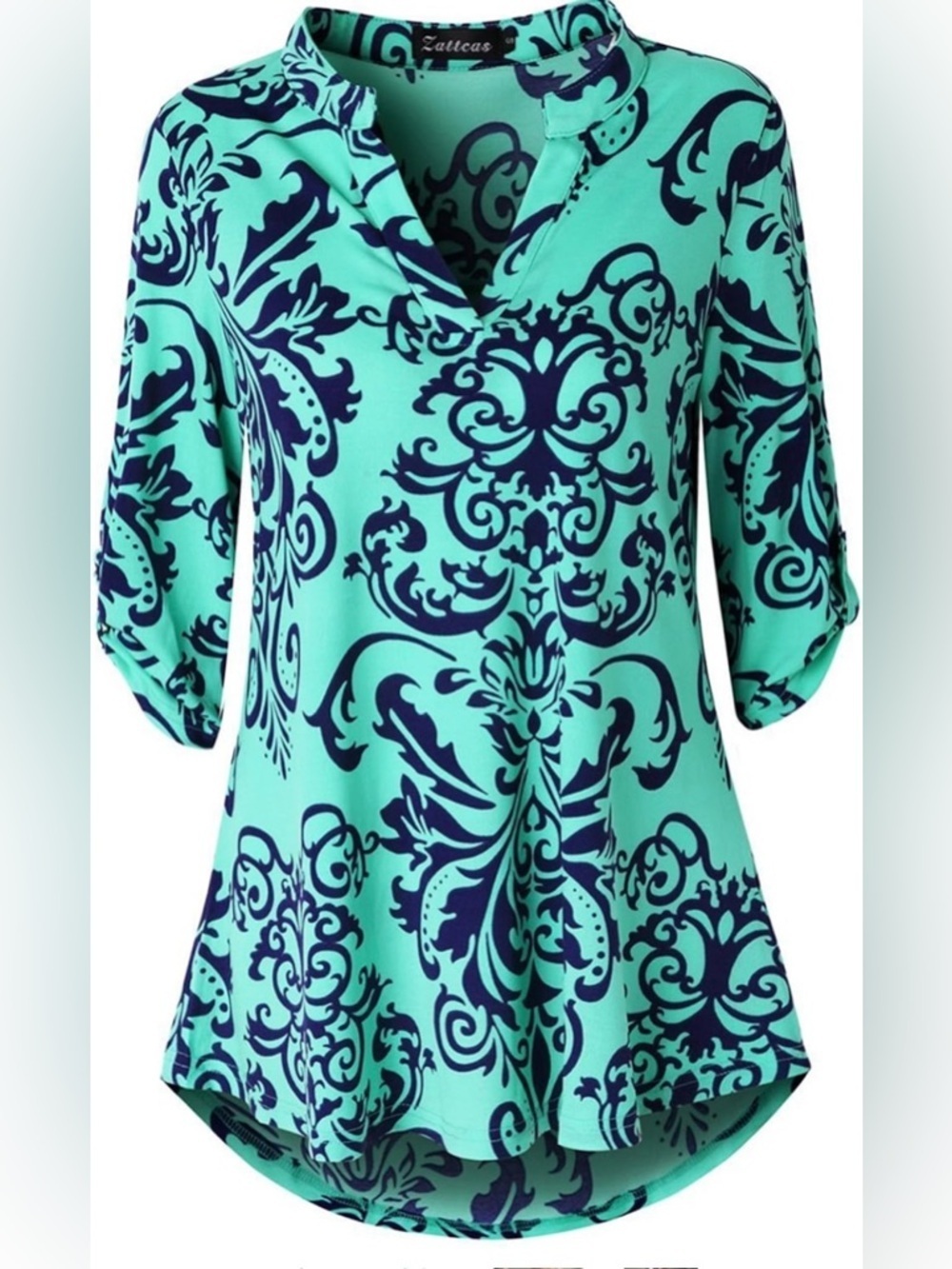 Zattcas Teal & Navy Patterned Tunic. 3/4 Roll Sleeve. Size L. Notch Neck.